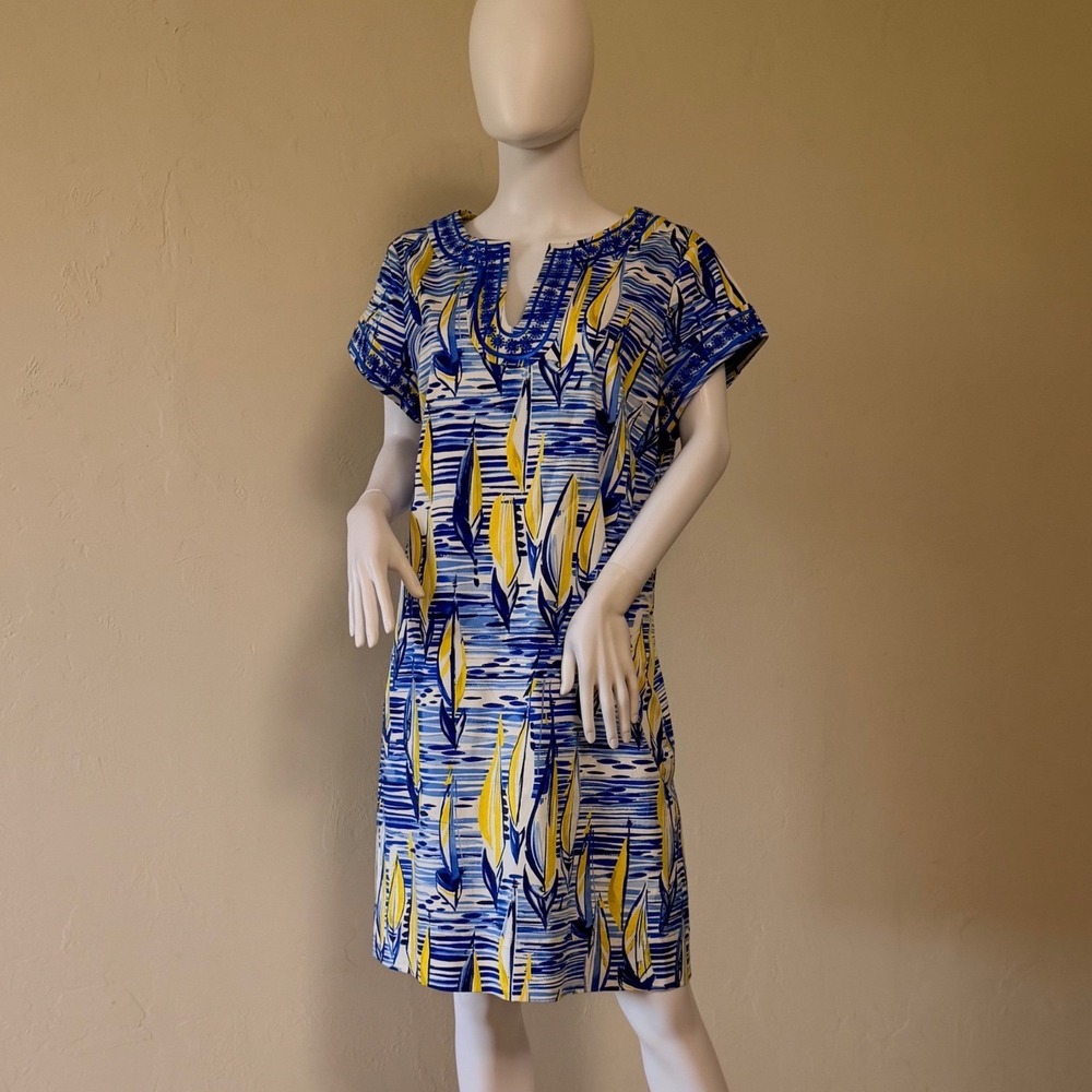 Pappagallo Women's‎ Sailboat Print Shift Dress Blue Yellow Nautical Size S